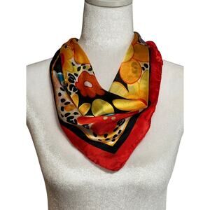 Versatile and luxurious red and yellow square silk scarf with floral print